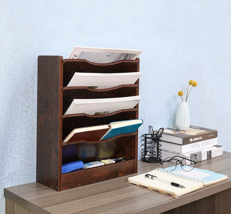 PAG 5-Tier Wall File Holder Hanging Mail Organizer Wood Magazine Literature Rack with 6 Hooks, Brown - Image 5